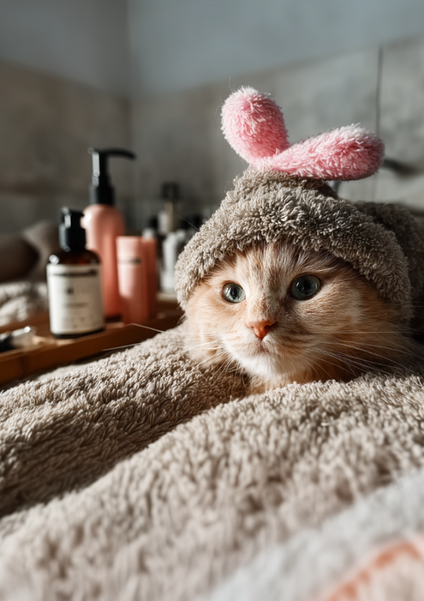 Everyday Cat Grooming and Bath Products Beige Towel Hood Close-Up Front View