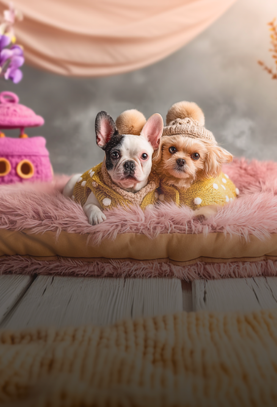 Cozy dog bed and winter pet apparel two small dogs in yellow polka-dot sweaters relaxing on a plush pink bed, perfect for small breeds