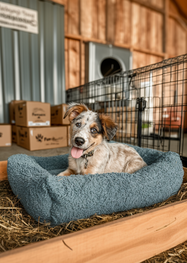 Puppy relaxing in a blue sherpa dog bed beside a crate - cozy, crate-friendly pet bed for small dogs, pet shelter